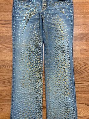 Roberto Cavalli Turquoise/Gold/Black Gold Leopard Cutout jeans